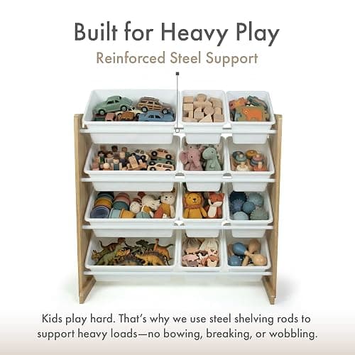 Humble Crew Kids Toy Organizer with 12 Bins, 4 Tier Storage for Playroom | Sturdy wood and steel toddler shelf, removable BPA-free containers, wall anchor anti-tip safety kit for bedroom or classroom thumbnail 6