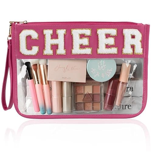 BuyCard Cheer Chenille Letter Bags Clear Makeup Bag, Cheerleader Gifts Cosmetic Bag, Varsity Preppy Patch Flat Pouch Cheer Accessories, Waterproof PVC Organizer Toiletry Bag for Women Girls - Image 1