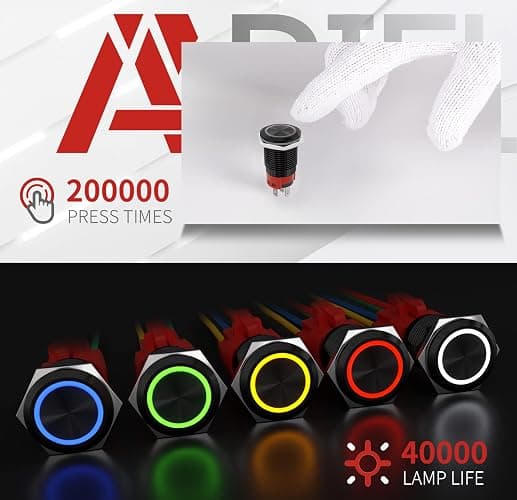 APIELE 16mm Latching Push Button Switch 12V DC On Off Black Shell with LED Angel Eye Head for 0.63" Mounting Hole with Wire Socket Plug Self-Locking (White/Black Shell) - Black Shell-White thumbnail 5