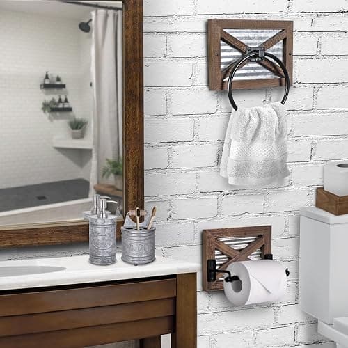 Autumn Alley Farmhouse Toilet Paper Holder and Rustic Towel Holder Set, Wall Mount, Rustic Wall Toilet Paper Holder and Bathroom Hand Towel Holder Decor, Wooden Brown thumbnail 2