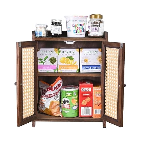 Ikee Design Wood Storage Cabinet with Rattan Doors, with Removable Shelves | COUNTERTOP ORGANIZER: Wooden cabinet with magnetic rattan doors and removable shelves for coffee, cups and pantry items. thumbnail 4