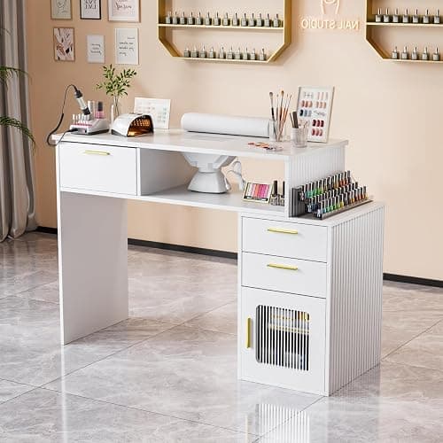 OmySalon Nail Desk with Ribbed Design & Electric Dust Collector - Nail Tech Station with Storage Drawer, Fluted Glass Cabinet & Wrist Cushion for Home Salon & Spa (White) thumbnail 2