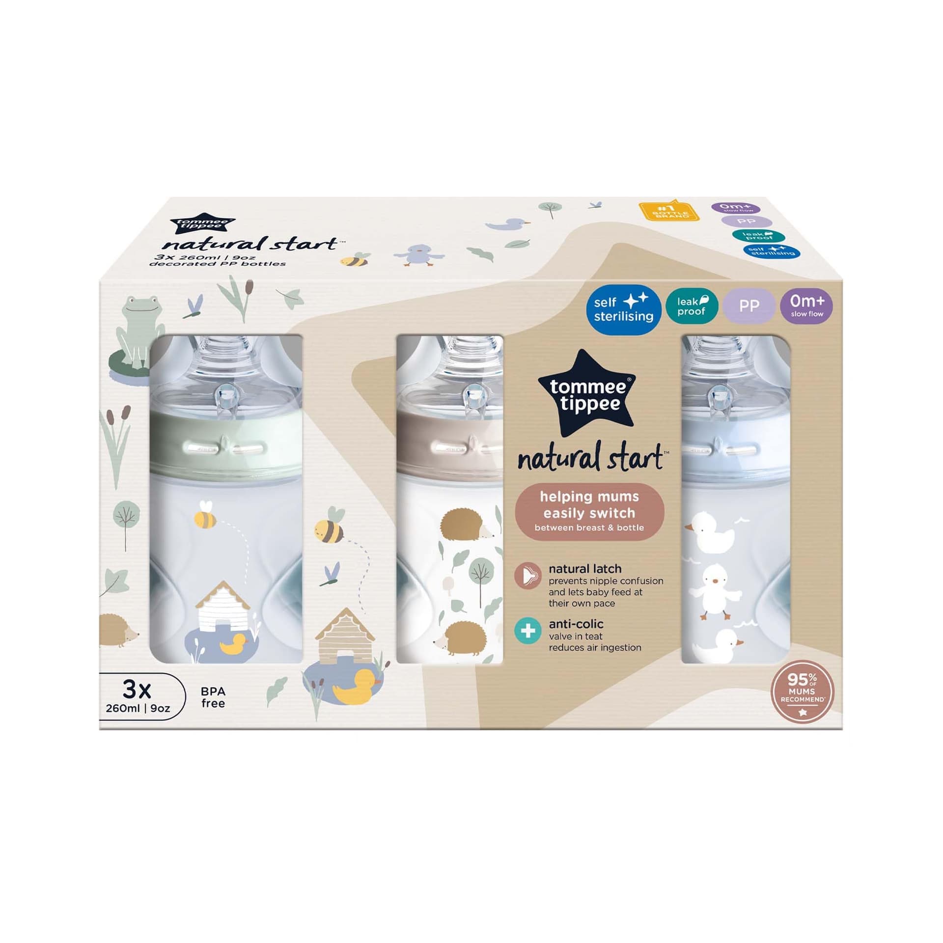 Tommee Tippee Baby Bottles, Natural Start Anti-Colic Baby Bottle with Slow Flow Breast-Like Teat, 260ml, 0m+, Self-Sterilising, Baby Feeding Essentials, Decorated, Pack of 3 - 3 Pack thumbnail 2