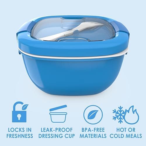 Bentgo Salad Container - 54 oz Bowl with 4-Compartment Toppings Tray, Leak-Proof Dressing Container, Reusable Fork, BPA-Free Lunch Box for Meal Prep & Food Storage; Removable Bento Tray (Blue) thumbnail 4