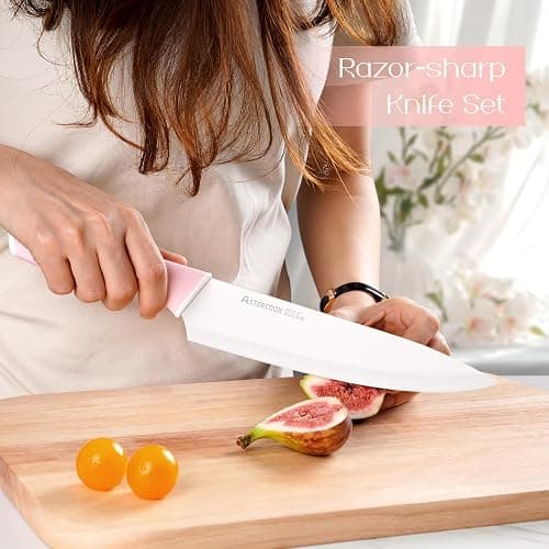 Astercook Knife Set, Kitchen Knives Set with Block and Sharpener Ceramic Coating 15 Pcs German Stainless Steel Knives Sharp Blade Dishwasher Safe Deba Knives with Ergonomic Handle, Crystal Pink thumbnail 2