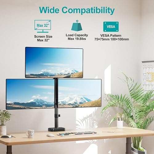MOUNT PRO Triple Monitor Mount for Max 32" Computer Screen, Adjustable 3 Monitor Desk Mount, up to 19.8lbs Each, Gas Spring Three Display Arm with Tilt Swivel Rotation, VESA Mount 75x75/100x100mm thumbnail 2