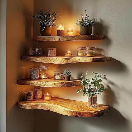Live Edge Corner Wall Shelf, Solid Wood, Natural Grain, Floating Mount (20" W X 6" D X 1.5" (Inches)) - Image 1