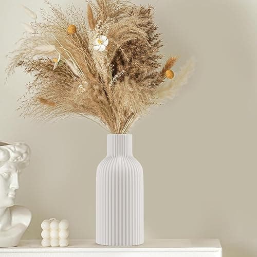 White Ceramic Flower Vase, Minimalist Modern Home Decor, Matte Finish Pampas Grass Vase for Table, Fireplace, Shelf, Mantel, Entryway and Centerpieces thumbnail 3
