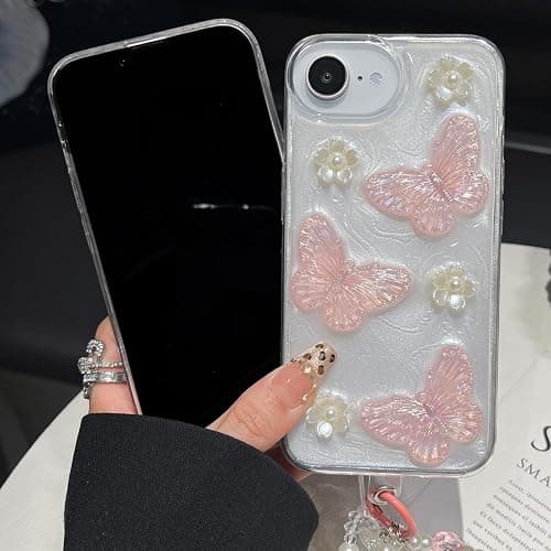 Changjia for iPhone 17e/16e Glitter Butterfly Case,Cute Girly 3D Flower Floral Crystal Pearl Bling Sparkle with Wrist Strap Chain Soft TPU Aesthetic Women Girls Phone Case for iPhone 17e/16e 6.1",Pink thumbnail 7