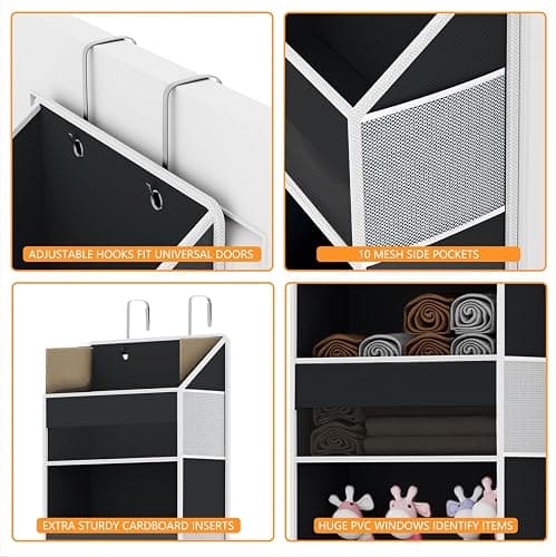 Over Door Organizer - Over The Door Storage Organizer with 5 Large Pockets & 10 Mesh Side Compartments - Heavy-Duty Hanging Storage for Bathroom, Bedroom & Nursery - Room Organizer Solution - Black thumbnail 4