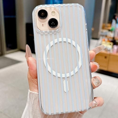 HYUEKOKO Clear Striped Phone Case for iPhone 13 & iPhone 14 & iPhone 15, Fashion Retro Stripe Pattern Aesthetic Cover, Soft TPU Slim Shockproof Case for Girls Women, Clear-Blue - Image 1