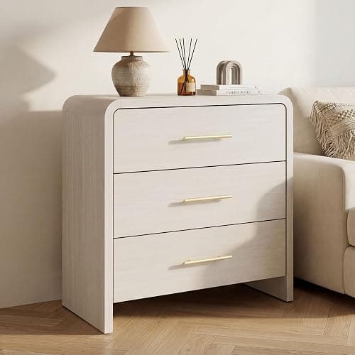 Fatmok Night Stand Set of 2, 31.5'' Wide Wooden Bedside Table with 3-Drawer, Modern Curved Profile Design End Table with Long Metal Handle for Bedroom, White Wood Grain thumbnail 3
