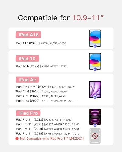 Inateck for iPad 11th/10th Gen Case with Keyboard,for iPad 10th(10.9")/11th Gen(2025 A16),Air 11" M3/M2,Air 6/5/4th,Pro 11 4/3/2/1th,Ultralight Detachable Keyboard with Touchpad, AceTouch Pink thumbnail 3