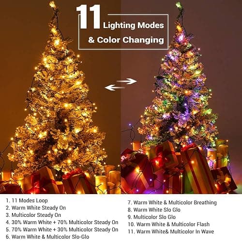 Brizled Christmas Lights, 65.67ft 200 LED Color Changing Tree Lights 11-Function Warm White & Multicolored Christmas Lights, Connectable 29V Safe Adapter Remote Decorative Lights String for Xmas Party thumbnail 2