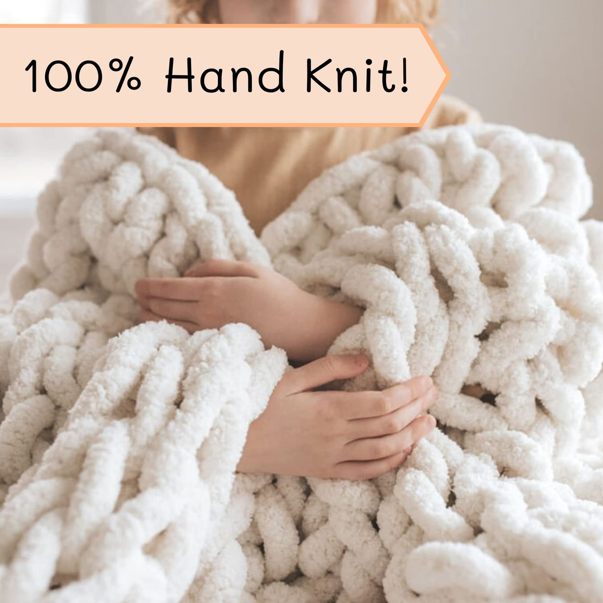 Adyrescia Chunky Knit Blanket Throw | 100% Hand Knit with Jumbo Chenille Yarn (30"x40", Cream White) thumbnail 3