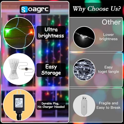 Soagrc 300 LED Rainbow Curtain String Lights 9.8 * 9.8FT Plug in Fairy with Timer and 8 Modes, Waterproof Window Wall Lights for Bedroom Wedding Party Indoor Outdoor Christmas Decor thumbnail 2