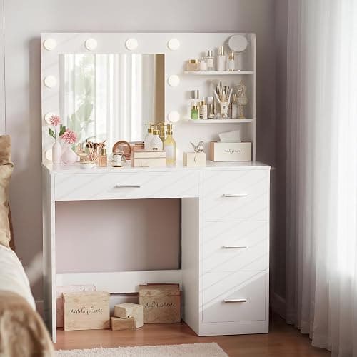 Furmax Vanity Desk with LED Lighted Mirror&Power Outlet, Makeup Vanity Table with 4 Drawers, 3 Open Storage Shelves, and 3 Color Modes, for Bedroom (Pure White) thumbnail 7