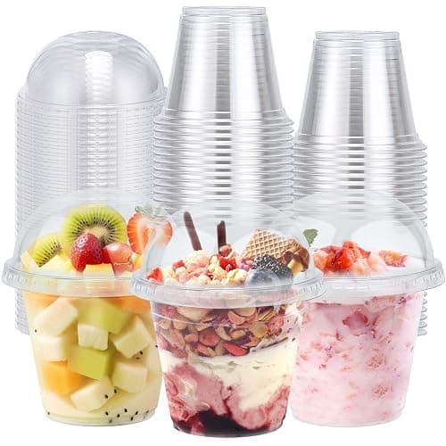 Clawsoff 50 Pack 9 oz Plastic Cups with Dome Lids, Disposable Dessert Cup No Hole, Fruit Cup, Clear Parfait Cups for Cake, Cold Drink, Ice Cream, Salad - Image 1