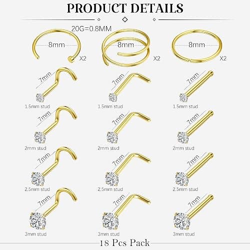 LOYALLOOK 18Pcs Nose Rings Studs - 316L Surgical Steel 14K Gold Plated Nose Studs Double Hoop Nose Ring for Women Men 18G/20G Nose Rings Stud Hypoallergenic Nose/Body Piercing Jewelry 1.5mm 2mm 2.5mm 3mm CZ thumbnail 4