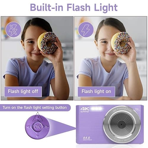 Digital Camera for Teens, FHD 4K 44MP Digital Camera Purple with 64GB SD Card 16X Digital Zoom, Cameras for Photography Compact Point and Shoot Camera for Teen Boys Girls Kids Camera Digital Purple thumbnail 7