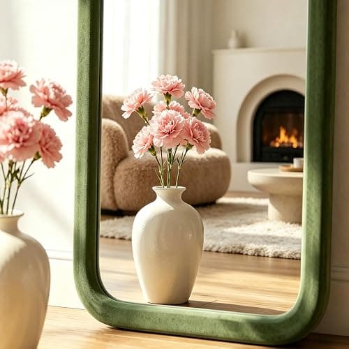 NEUWEABY Full Length Mirror 56"x20" Arch Floor Mirror with Stand Arched Full Body Mirror Standing Hanging or Leaning Against Wall for Bedroom Flannel Wrapped Wooden Frame, Green thumbnail 3