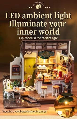 Rowood Coffee Miniature House Kit, DIY Miniature Dollhouse Kits Gifts for Adults to Build, Mayberry Street Miniatures, Wooden Adults Crafts, Mini Model Kits with LED, Birthday for Adult(NO.17 Cafe) thumbnail 5