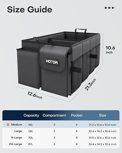 HOTOR Trunk Organizer - Foldable Car Organizer for SUVs & Sedans Storage | Sturdy Car Organization for Men & Women, Car Accessories, Tools, Sundries, Black, 2 Compartments, 21.3" x 12.6" x 10.6" thumbnail 3