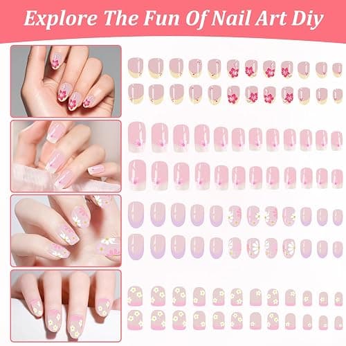 96 PCS False Nails, Waterproof Durable Press on Nails for Kids, Flower Fake Nail Stickers, Self Adhesive Nail Art Kit for Parties, Halloween, Daily Wear thumbnail 2