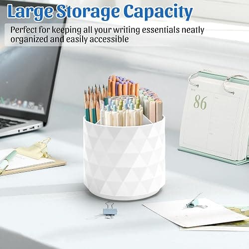 minimaliving Desk Organizer,Sparkling Diamond-like Pen Holder for Desk 360°Rotating Office Accessories,Pencil Cup with 5 Compartments Storage Box Caddy for Office,School,Home,Art Supply(White) thumbnail 3