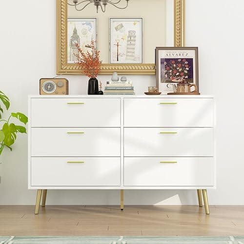 TAMUNE 47.2” 6 Drawer Dresser, Modern 6-Drawer Chest with Gold Metal Handles, Bedroom Dresser with Gold Metal Legs, for Living Room Entryway White (47.2”W x 15.7”D x 30.1”H) thumbnail 3