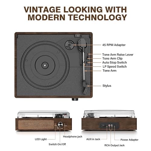 Bluetooth Vinyl Record Player,3-Speed Turntable with Stereo Speakers Vintage Phonograph Record Player, with RCA Line Out AUX in Headphone Jack Coffee Wood thumbnail 2