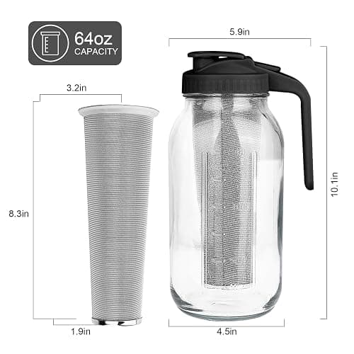 Cold Brew Coffee Maker,64 oz Mason Jar Pitcher with Stainless Steel Filter, Pour Spout Handle Lid, Heavy Duty Glass Airtight & Leak-Proof for Iced Coffee,Tea & Lemonade thumbnail 2