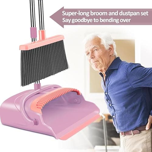 kelamayi Broom and Dustpan Set for Home, Office, Indoor&Outdoor Sweeping, Stand Up Broom and Dustpan (Pink) - Pink thumbnail 4