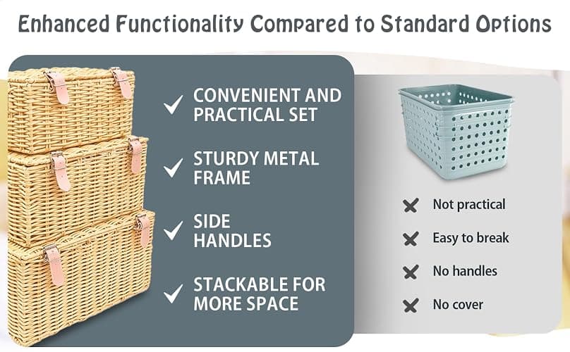 Wicker Storage Baskets with Lids – Set of 3 (Large, Medium, Small) for Organizing Clothes, Toys, Books – Cute Organizer Stackable Basket with Lid for Bedroom, Nursery, and Home Decor thumbnail 4
