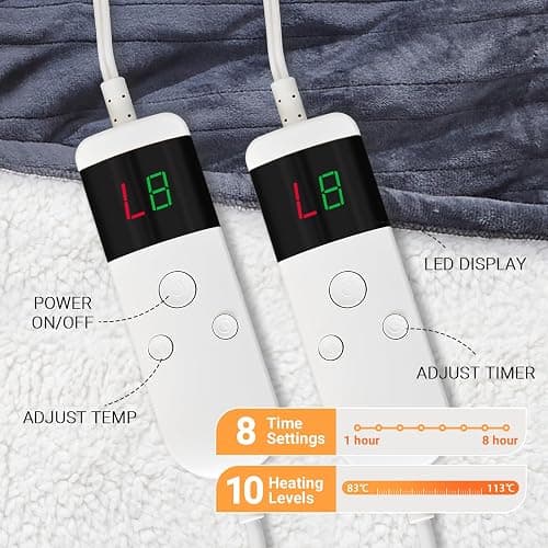 DANENOSA Electric Heated Blanket Queen Size 84''x90'' Soft Flannel & Sherpa Electric Blanket with 10 Heating Levels, Automatically Shut Down After 8h with Overheat Protection Machine Washable thumbnail 4