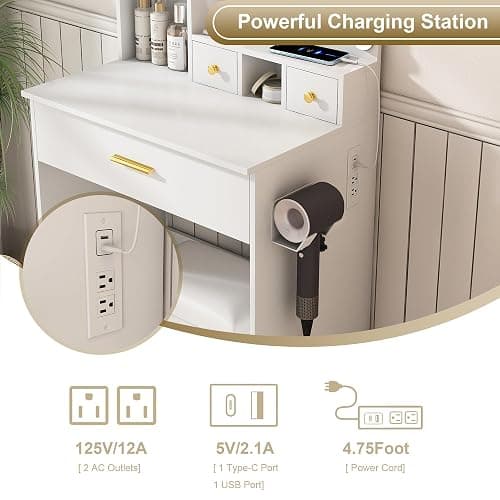 Small Vanity Desk with Mirror and Lights, Makeup Vanity Table with Power Outlet & Drawers & Shelves & Stool, Dressing Table Set for Bedroom, Adjustable Bulb Brightness Mini Vanity Set thumbnail 4