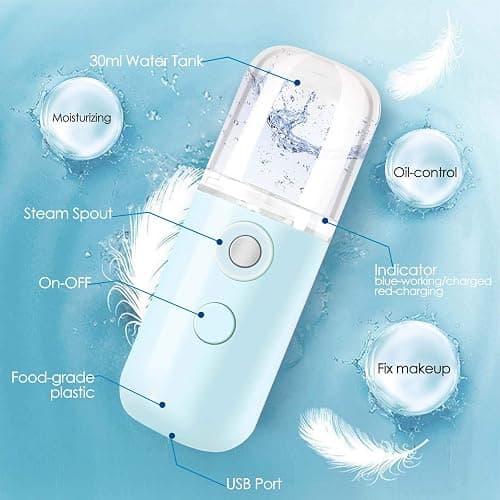 GIVERARE Nano Facial Steamer, Handy Mini Mister, USB Rechargeable Mist Sprayer, 30ml Visual Water Tank Moisturizing&Hydrating for Face, Daily Makeup, Skin Care, Eyelash Extensions-Blue thumbnail 4