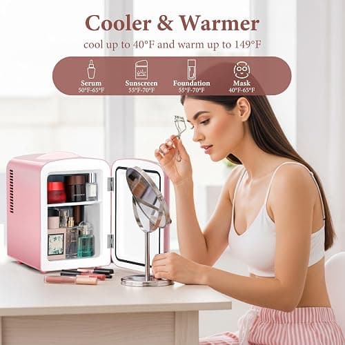Xbeauty Retro Mini Fridge, Compact Refrigerator with 4L Capacity/6 Cans，Cooler & Warmer, Removable Shelf for Skincare, Beverages, Cosmetics, Perfect for Dorm, Bedroom, Pink thumbnail 4
