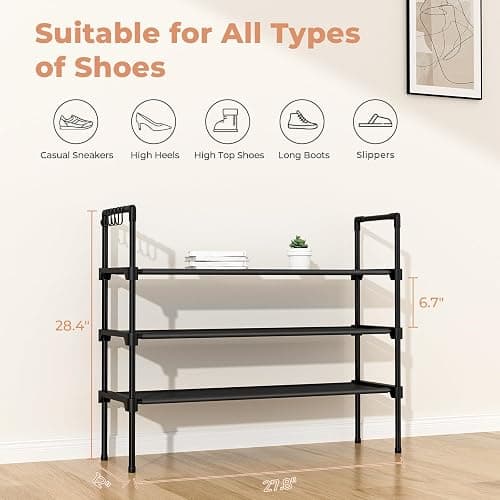 LANTEFUL 3 Tier Shoe Rack for Closet, Shoe Organizer with 5 Hooks, Long Shoe Shelf Storage for Sneaker and Boot Stackable Free Standing Shoe Rack for Entryway, Garage, Small Spaces, Dorm thumbnail 3