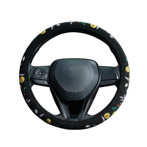 Embroidered Sunflower Lavender Cute Black Steering Wheel Cover, Auto Anti-Slip Breathable Steering Wheel Protector, Butterfly Floral Car Accessories for Women,Universal Size Fit Most Cars -15 inch thumbnail 4
