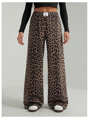 RoseSeek Women's Leopard Print Wide Leg Pants Patched Elastic Waist Casual Loose Trousers thumbnail 4