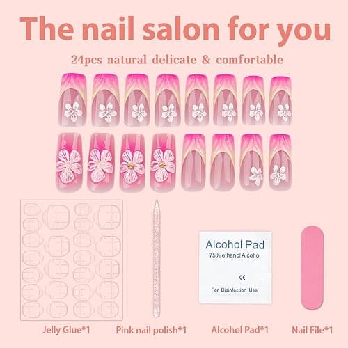 French Tip Press on Nails Medium Coffin Fake Nails with Embossed Flower Design Summer Floral Press on French Tip Nails Long Acrylic Nails Cute Glue on Nails 3D Hibiscus Stick on Nails for Women 24Pcs - embossed flowers thumbnail 3