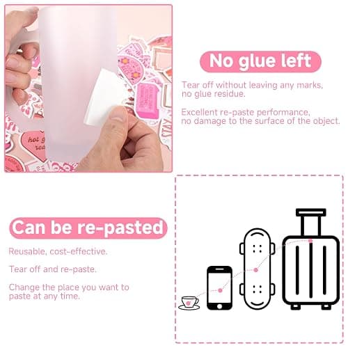 Zoruam Bookish Pink Cartoon Waterproof Reusable Stickers, 120pcs for Kindle, Scrapbook, Water Bottles, Laptops (120 Pink) thumbnail 3