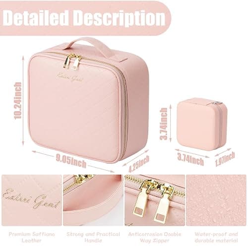 Makeup Travel Train Case with Mirror LED Light 3 Adjustable Brightness Cosmetic Bag Portable Storage Adjustable Partition Waterproof Makeup Brushes Makeup Jewelry Gift for Women (Pink checkered) thumbnail 3
