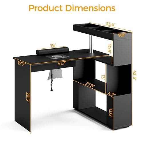 HolaiNail Manicure Table, L-Shaped Nail Tech Desk with Dust Collector, Reversible Rotating Table & Storage Shelf, Acetone Resistant Beauty Salon Station, Black thumbnail 3