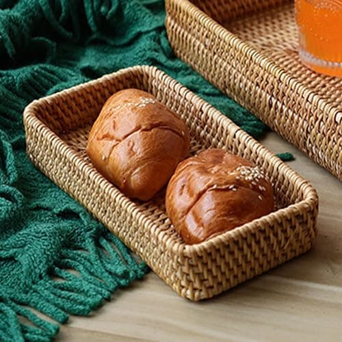 Rattan Serving Trays, Rectangle Decorative Display Tray, Storage Tray, Toilet Tank Paper Trays, Desktop Organiser Platters for Kitchen, Makeup, Vanity, Napkin, Candle, Ornament (Color:Brown) thumbnail 6
