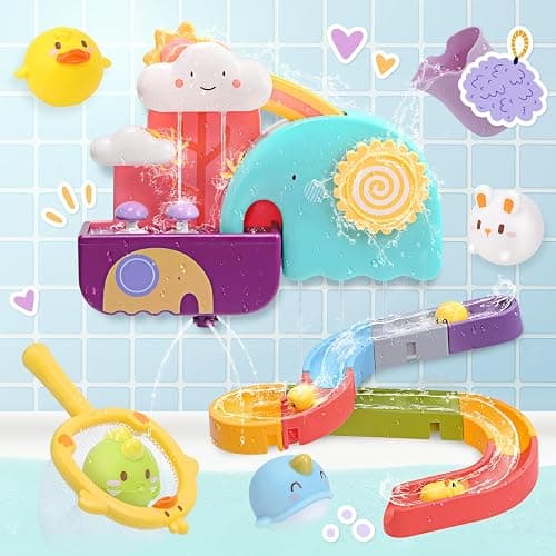 CUTE STONE Baby Bath Toys, No Hole Floating Squirting Bathtub Toy W/ Water Slide Building Track, Duck Fishing Net Game, Toddler Shower Toys, Water& Pool Toys, Educational Gifts for Boys Girls thumbnail 6