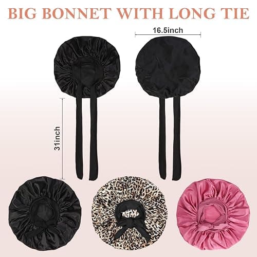 3Pcs Silk Bonnet for Sleeping, Satin Hair Bonnets for Black Curly Hair Women Jumbo Bonnet with Tie Band Braids (Black Leopard Rose-pink) thumbnail 3
