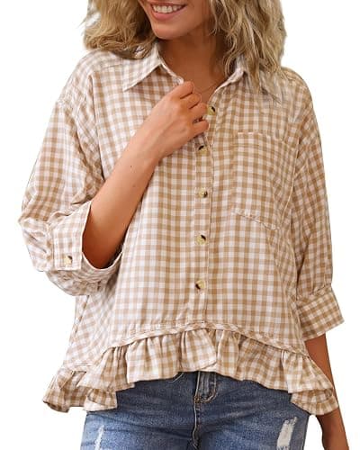 CHYRII Womens Summer Tops Dressy Casual Blouse Top Ruffled Short Sleeve Button Down Striped Shirt - Image 1