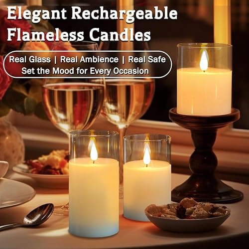 LEDHOLYT Rechargeable Flameless Glass Pillar Candles–Easter Flameless Candles Decorations,–Set of 3, Realistic Flickering LED Light,Remote & Timer, Ideal for Living Room, Bedroom & Easter Décor thumbnail 5